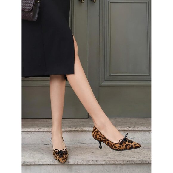 🆕Women Leopard Faux Leather Kitten Heels Bow Slip On Dress Pumps Shoes - Picture 3 of 7